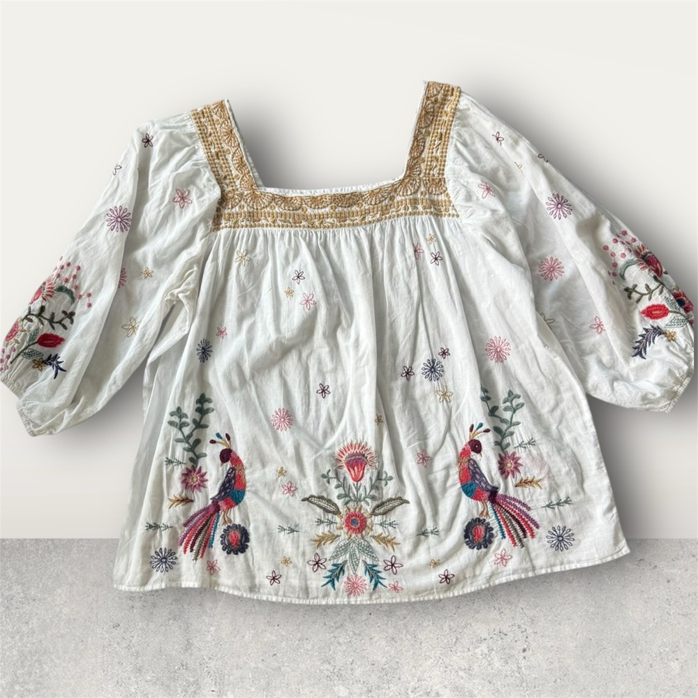 Johnny Was Embroidered White Boho Top